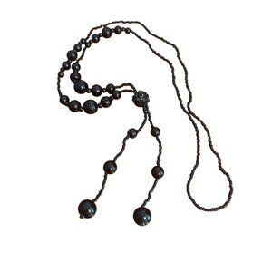 Vintage Black Glass Seed Bead Lariat Necklace 30" Tassel 4" Estate NWOT